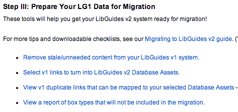 List of reports available on the LibGuides v2 Migration screen