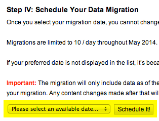 Content migration screen with date selection area highlighted.
