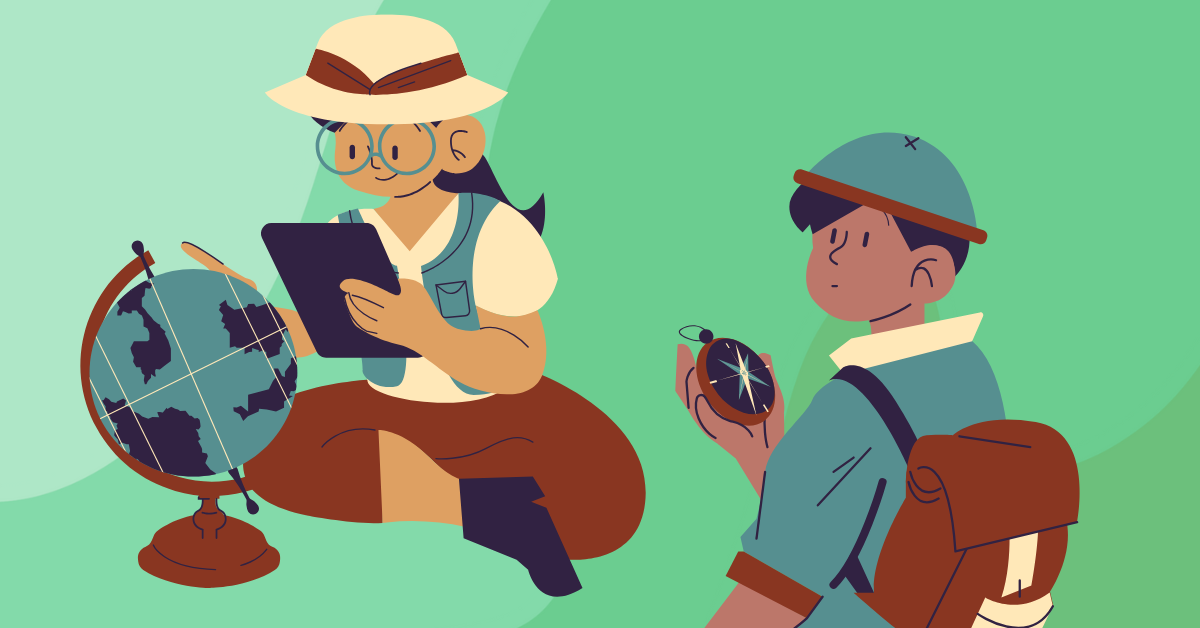 Illustrations of students using a globe and compass