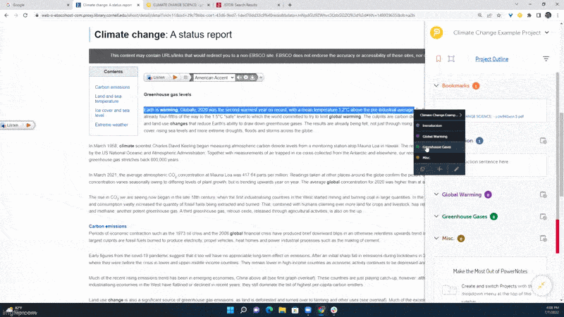 Add a note and store articles using PowerNotes