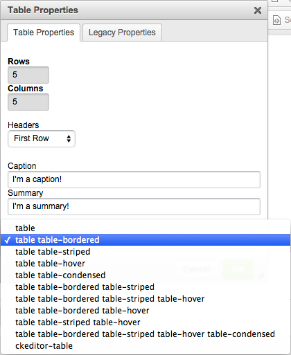 New class options for tables in the Rich Text Editor.