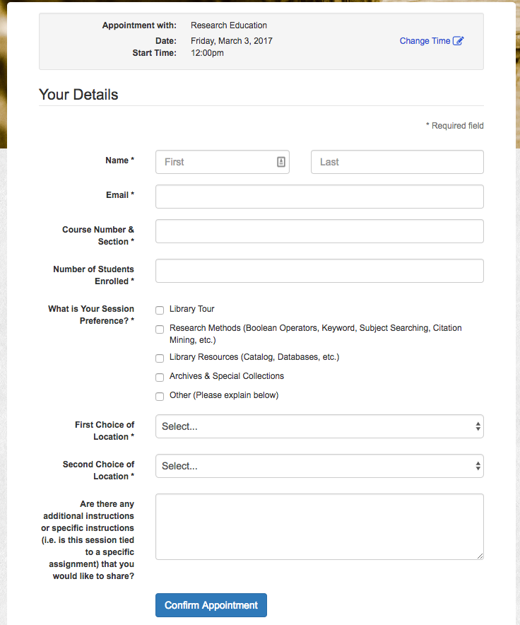 LibCal Booking form