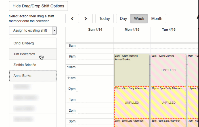 Showing drag & drop feature to fill schedule shifts.
