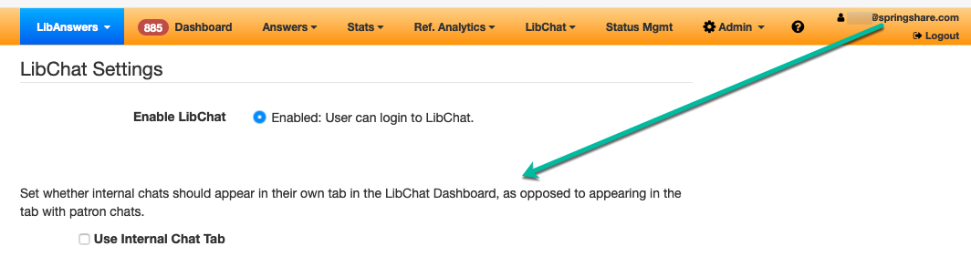 The "Use Internal Chat Tab" box is at the bottom of the "LibChat Settings" area of your user settings in LibAnswers.